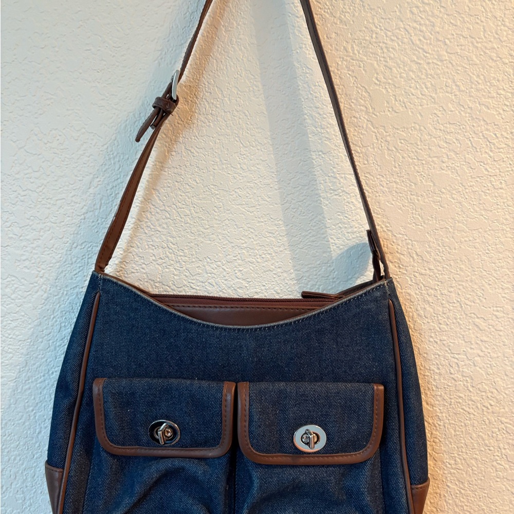 Authentic St.John’s Bay Shoulder Handbag Vintage Denim/Faux Brown Leather